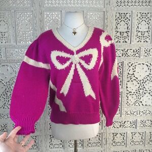 Vtg‎ Jaclyn Smith Hot Pink Bow Pearl Sweater Sz L Chunky Coquette Retro 80's